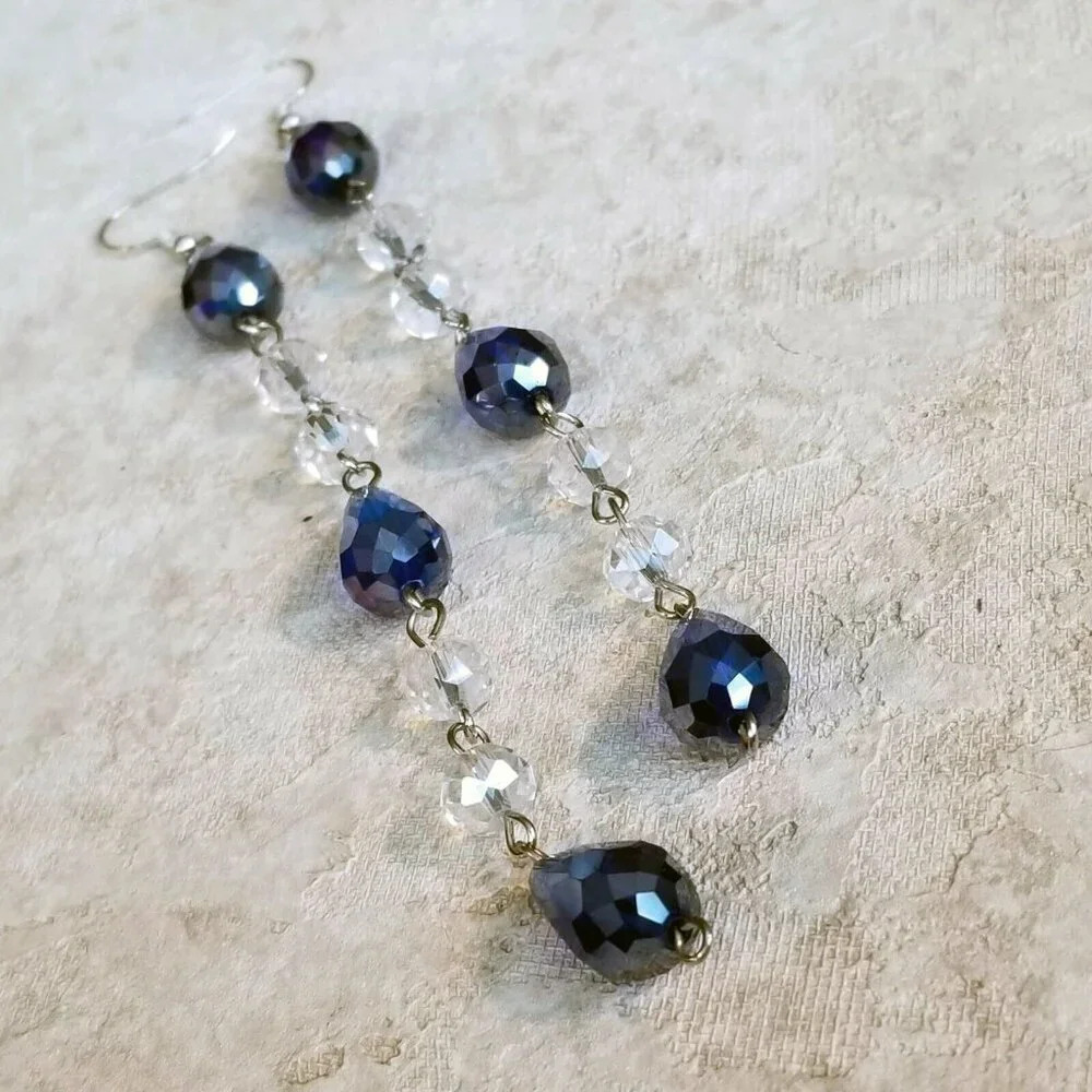 Faceted Crystal Blue Clear Beads 5" Long Shoulder Duster Earrings
